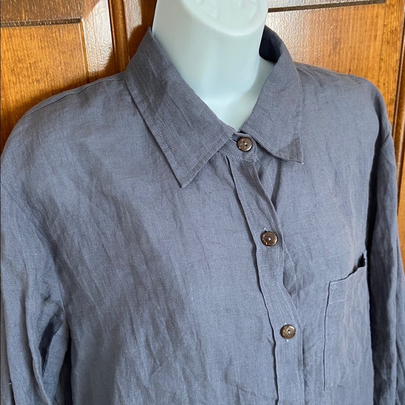 Petalura European Washed Linen Natural Button Down Shirt in Slate Blue.tunic 1X - Picture 2 of 11